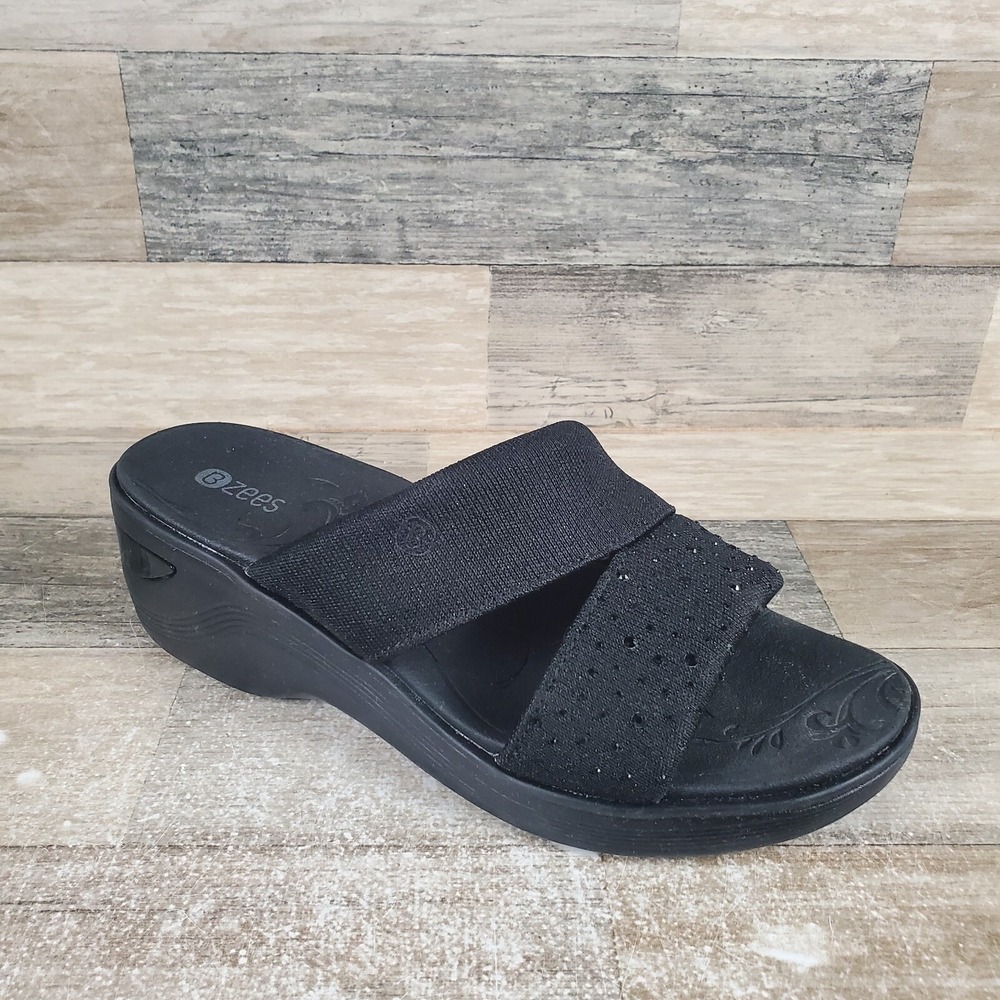 Bzees Dynasty Bright Womens Sandals Sz 9.5 M Black Rhinestone Knit Wedge Slides